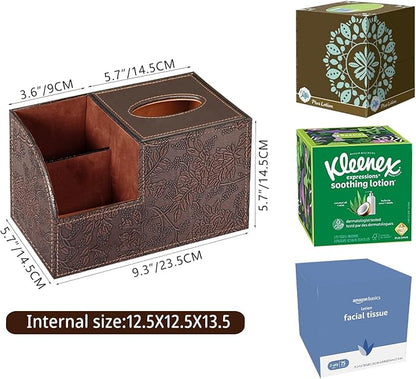 PU Leather Square Tissue Box Cover - Multi-Functional Tissue Box Holder, Tissue Box Cover with Storage,Tissue and Remote Control Holder, Cube Tissue Box Organizer Bedroom Nightstand End Table