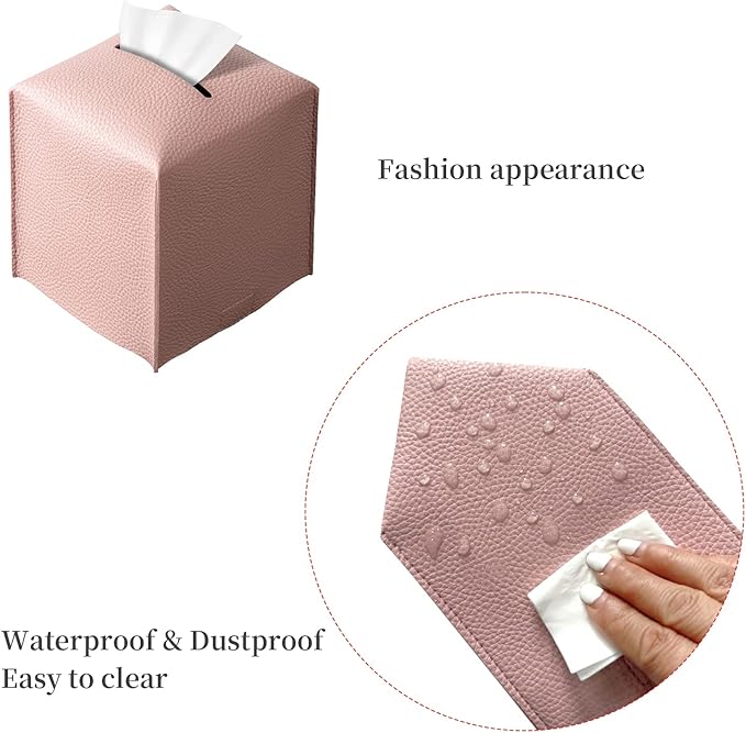 REGELETO Square Tissue Box Cover, Pu Leather Tissue Box Holder with Bottom Belt Modern Stylish Tissue Box Organizer for Bathroom, Bedroom, Hotel, Office Desk 5"X5"X5"-Pink