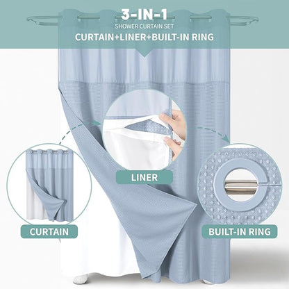 eachope FrostBlue Extra Long No Hook Waffle Weave Shower Curtain with snap-in Liner Replacement, 230GSM Waterproof Fabric Hotel Shower Curtain Set for Bathroom, Through Mesh Top Window,71Wx86H