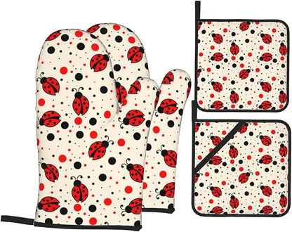 Ladybugs Oven Mitts and Pot Holders 4 Pcs Set Oven Gloves and Potholders for Cooking Microwave BBQ Baking Grilling