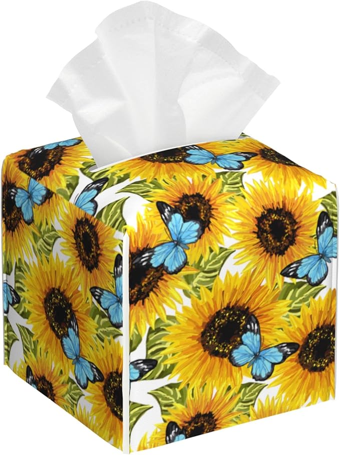 Sunflowers and Blue Butterflies Tissue Box Cover Square,Watercolor Sunflower Tissue Box Holder Waterproof Leather Facial Paper Organizer Dispenser for Bathroom Home Car Nightstand Vanity Desk