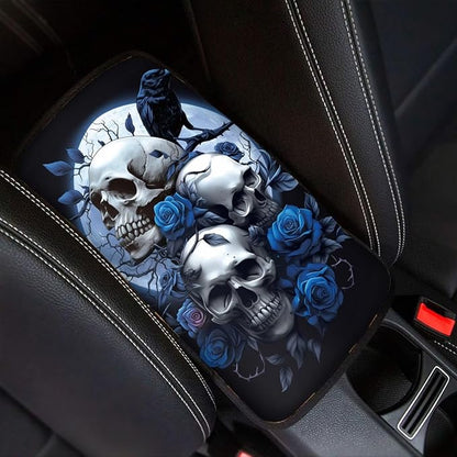 Dreaweet Goth Car Accessories for Women Interior Blue Rose and Skull Arm Rest Cover for Car Truck SUV Center Console Cushion Pad Anti Slip Comfort Padded Armrest Cover
