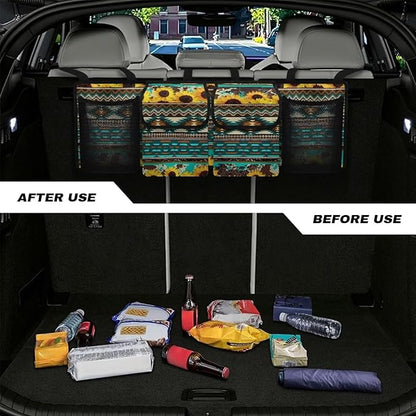 Boho Car Trunk Organizer and Storage, Sunflower Car Accessories for Women Large Capacity Space-Saving Back Seat Car Organizer for SUV/MPV/Truck/Sedan, It Easy to Find Things