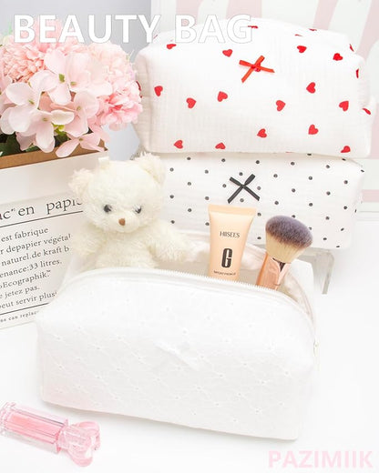PAZIMIIK Cozy Makeup Bag Small Aesthetic Travel Zipper Cosmetic Pouch for Women Make Up Beauty Accessories Brushes,Embroidery Flower