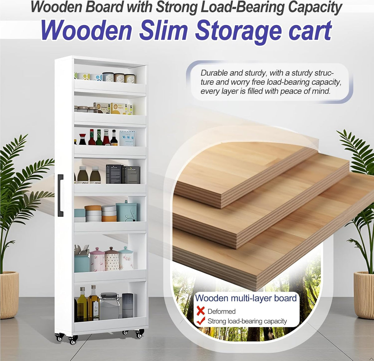 7-Tier Slim Storage Cart, Wooden Rolling Pantry Cabinet with Wheels, Narrow Shelf Organizer for Kitchen, Bakers Rack, Dining Room, Closet, Small Spaces Teak 73.2''H*9.8''W*19.6''D
