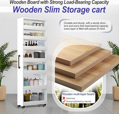 7-Tier Slim Storage Cart, Wooden Rolling Pantry Cabinet with Wheels, Narrow Shelf Organizer for Kitchen, Bakers Rack, Dining Room, Closet, Small Spaces Teak 73.2''H*9.8''W*19.6''D