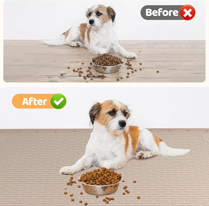 Bartuke Dog Food Mat, Extra Large 57" x 40" Silicone Pet Feeding Mat with Raised Edge Pet Placemat for Small, Medium, and Large Pets Non-Slip, Easy to Clean (Khaki)