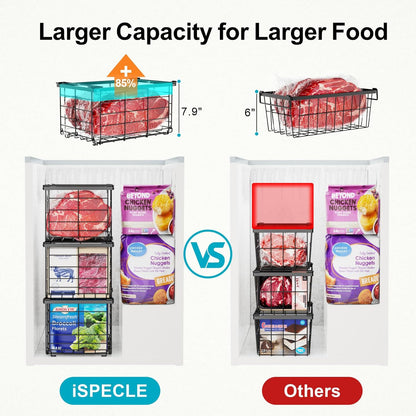 iSPECLE Freezer Organizer - 6 Pack Large Freezer Organizer Bins for 5 to 7 Cu.Ft Chest Freezer, Stackable Easy Access Food No More Digging, Sturdy Metal Wire Basket Not Scratch Bottom, Black