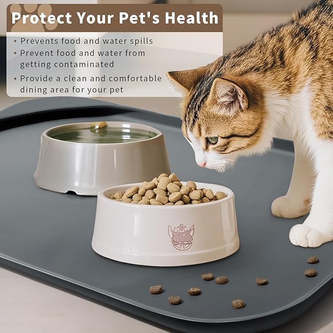 Smilool Silicone Pet Food Mat with Raised Edge for Food and Water Bowl, Dog Feeding Mats, Cat Food Trays for Floor Waterproof, Rubber Tray for Dogs and Cats, 17 x 12 x 0.7 Dark Gray