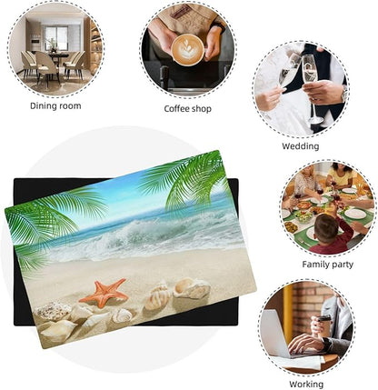 Starfish Beach Placemats, Leisure Summer Time Waves Tropical Palm Elm Sand Starfish Seashells Nautical Print Washable Fabric Placemats Table Kitchen Dining Party 12x18 Inch Set of 6