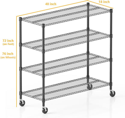 Himimi 72" H Storage Shelves 4 Tier Metal Shelving Adjustable Wire Shelf with Wheels, Heavy Duty Shelving for Garage Kitchen Pantry Bathroom Laundry 18" D*48" W*72" H, Black