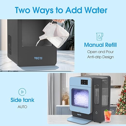 VECYS Nugget Countertop Ice Maker W/Side Tank, 44LBS Daily Ice Making Capacity