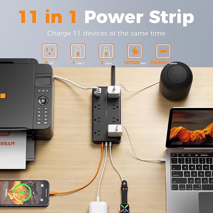 2000J Surge Protector Power Strip, TESSAN 5 FT Extension Cord