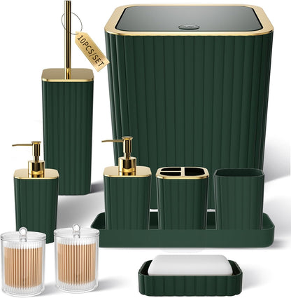 Bathroom Accessories Set - Gorgeous Green Bathroom Set, 10PC Green Bathroom Accessory Set, Bathroom Sets with Toilet Brush, Bathroom Trash Can
