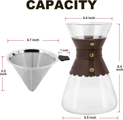 34oz Pour Over Coffee Maker with Double Layer Stainless Steel Filter, Borosilicate Glass Dripper, Detachable Heat-Resistant Leather Pad 7-8 Cups Coffee Maker Carafe（Dark brown）