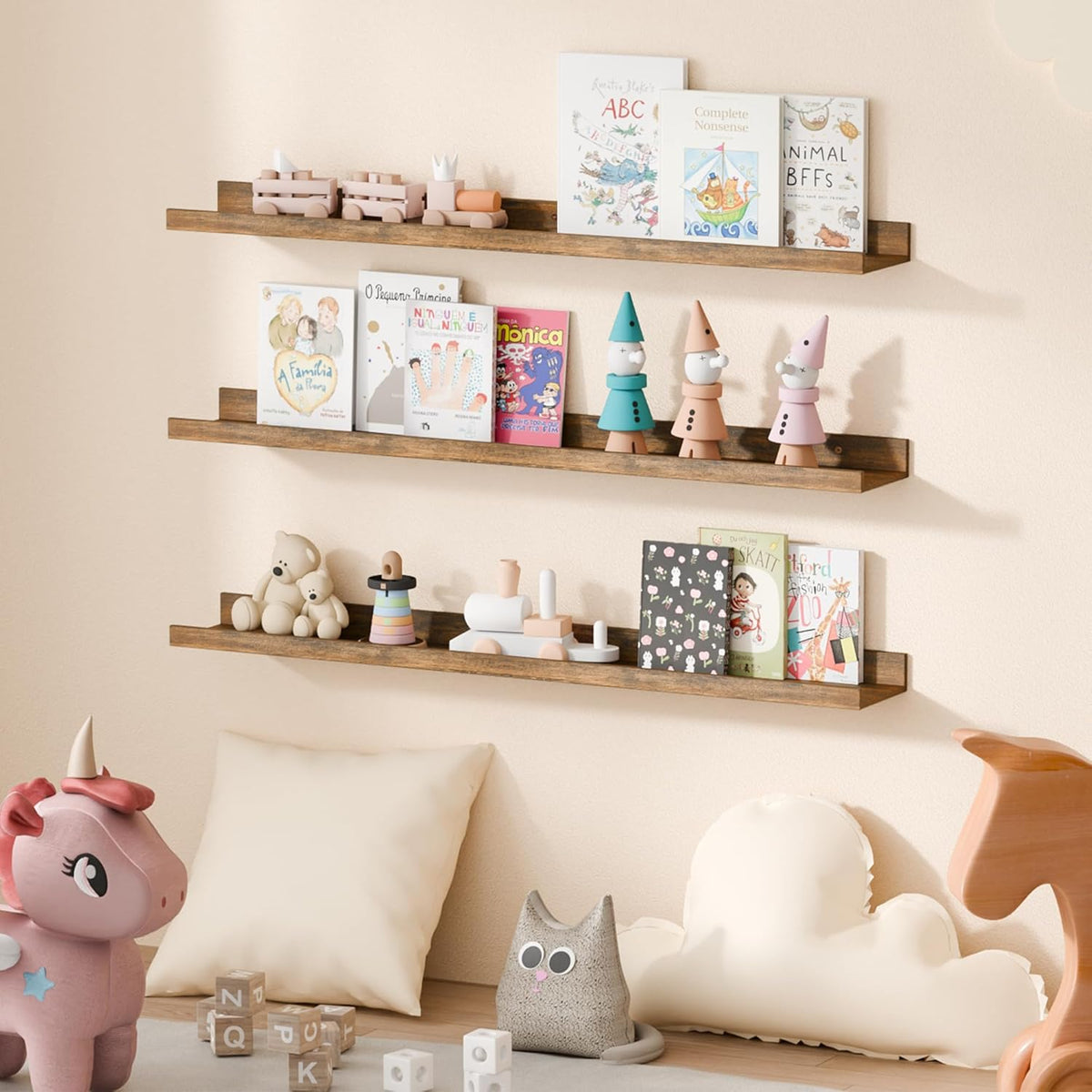 upsimples Floating Shelves for Wall, 35.5 Inch Shelves for Decor Storage Set of 6, Wall Mounted Wood Shelf for Bedroom, Living Room, Bathroom, Kitchen, Long Picture Ledge Shelves, Brown