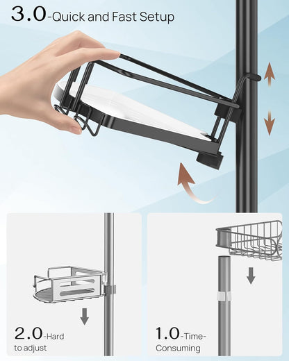 ALLZONE Corner Shower Caddy Tension Pole – Rust-Free Stainless Steel Shower Organizer with Adjustable Storage Shelves, Drill-Free Installation, Quick Setup, Extends from 34 to 116 Inches
