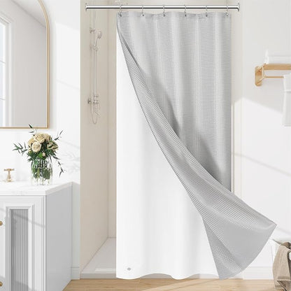 Craidlela 3 in 1 Stall Half Size Light Grey Shower Curtain Set-36 W x 72 H, Modern Waffle Waterproof Fabric and PEVA Liner Set with Stainless Steel Hooks