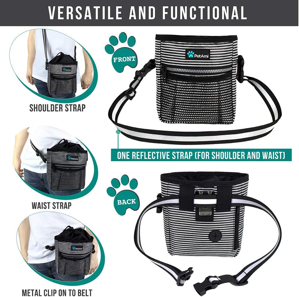 PetAmi Dog Treat Pouch, Pet Treat Pouch for Training, Dog Walking Bag Holder for Kibbles, Pet Food Toy, Dog Trainer Essentials Supplies, Poop Bag Dispenser, 3 Ways to Wear (Black Stripes)