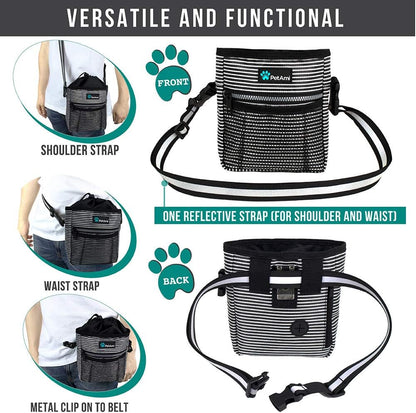 PetAmi Dog Treat Pouch, Pet Treat Pouch for Training, Dog Walking Bag Holder for Kibbles, Pet Food Toy, Dog Trainer Essentials Supplies, Poop Bag Dispenser, 3 Ways to Wear (Black Stripes)
