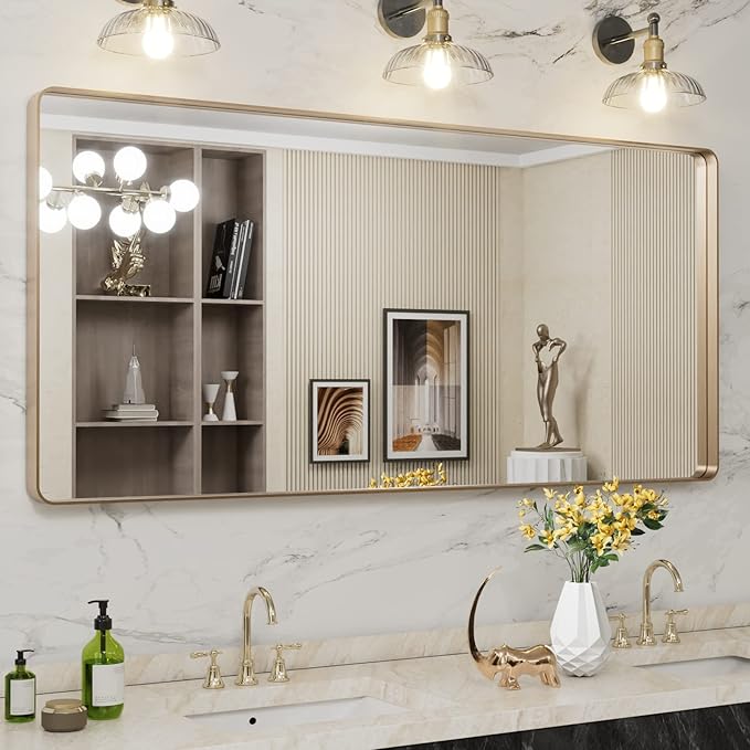 LOAAO 60”X28” Gold Bathroom Mirror, Rounded Rectangle Gold Frame Mirror
