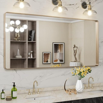 LOAAO 60”X28” Gold Bathroom Mirror, Rounded Rectangle Gold Frame Mirror