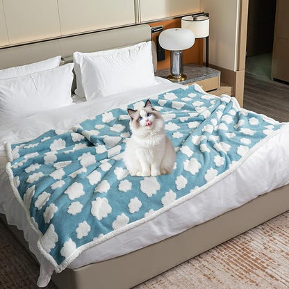 Maidewow Waterproof Pet Blanket for Dogs,Blue Stylish Jacquard Pets Blankets for Cat 85x85in Bed Couch Covers Puppy Sharpa Fleece Cats Washable Reversible Furniture Protection (Blue Cloud,XXL)