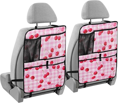 1 Pack Back Seat Car Organizer with Storage Pockets Kick Mats Back Seat Protector Hanging Car Organizer Automotive Seat Back Cover Organizers Pink Juicy Checkered Cherry