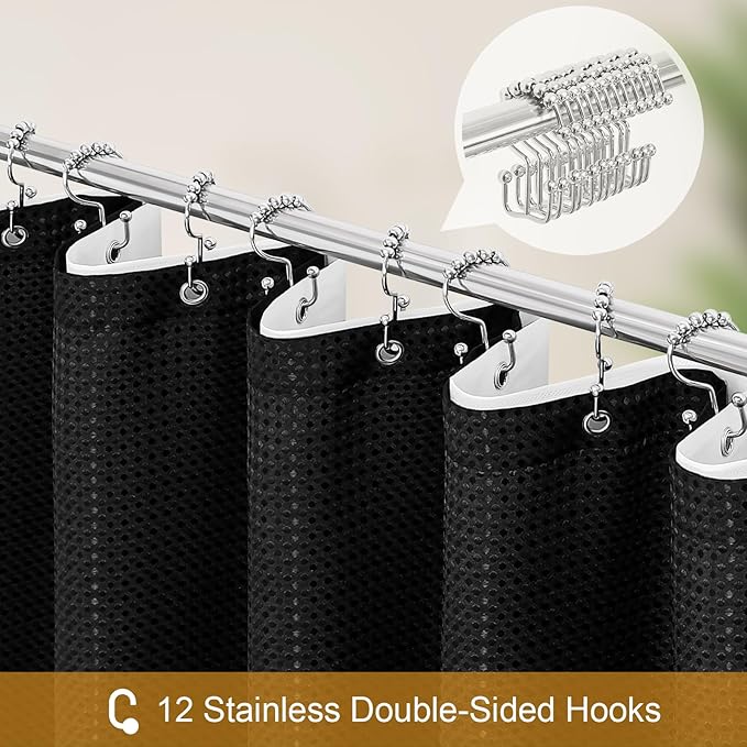 Craidlela 3 in 1 Shower Curtain Set, Black Waffle Shower Curtain and PEVA Liner Set with 12 Stainless Steel Shower Curtain Hooks, Waterproof Fabric Shower Curtains for Bathroom, 72 W x 72 H