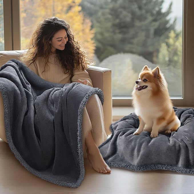 Waterproof Pet Blanket, Liquid Pee Proof Dog Blanket for Sofa Bed Couch, Reversible Sherpa Fleece Furniture Protector Cover for Small Medium Large Dogs Cats, Dark Gray Medium（57" x 40"）