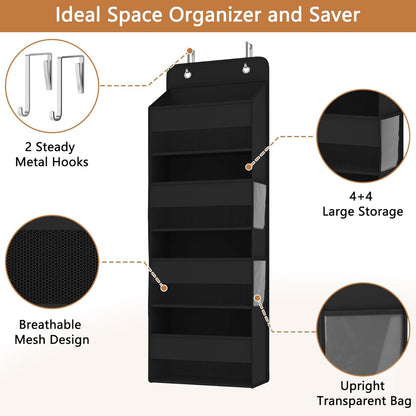1 Pack 4-Tier Over the Door Organizer, Heavy-Duty Large Deep Pocket Hanging With 4 Large Front & 4 Side Pockets With for Pantry, Kitchen, Bathroom, Dorm, Black