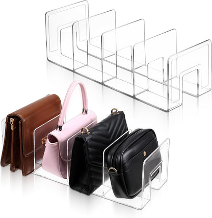 2 Pcs Acrylic Purse Organizer for Closet, 4 Sections Clear Handbag Storage Shelf 16.5 x 5.7 x 5.1 Inch Thickened Handbags Divider for Clutch, Clothes, Book, Document