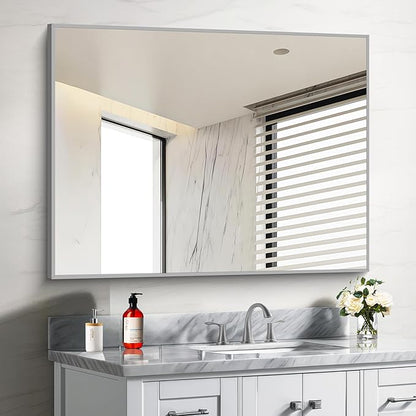 30x40In Silver Bathroom Mirror for Wall, Brushed Nickel Rectangle Mirrors