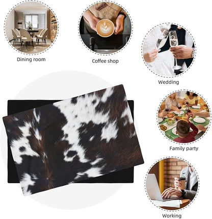 Vintage Cowhide Animal Placemats, Natural Rustic Farm Vintage Cow Animal Fur Texture Print Washable Fabric Placemats Table Kitchen Dining Party 12x18 Inch Set of 6