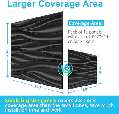 STICKGOO Black 3D Wall Panels, Wave Design Textured PVC Wall Panels,