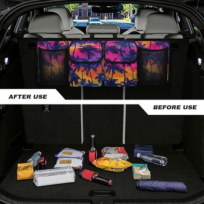Summer Sunset Car Trunk Organizer Coconut Palm Trunk Hanging Storage Bag with Extra Storage Space for SUVs,Trucks,Vans