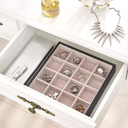 BEWISHOME Jewelry Organizer Tray Stackable Earring Storage Trays with Lid for Dresser and Drawer 32 Slots for Rings, Earrings, Necklaces, Bracelets and Watches Set of 4 Black SSH81B