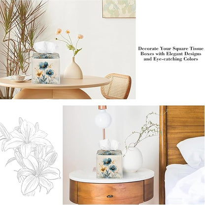 Watercolor Blue and Gold Poppy Tissue Box Cover,Abstact Flowers Plants Waterproof Leather Square Tissue Box Cover Case Facial Paper Organizer Dispenser Box Holder for Home Office Bathroom Vanity
