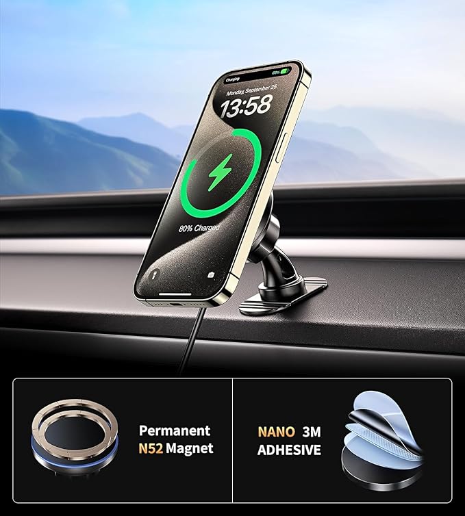 for Magsafe Car Mount Charger, [2025 Upgrade] 15W 2in1 Magnetic Wireless Car Charger, for Magsafe Car Charger, Vent/Dashboard Phone Holder, ONLY for iPhone 17 16 15 14 13 12 Series(Purple)