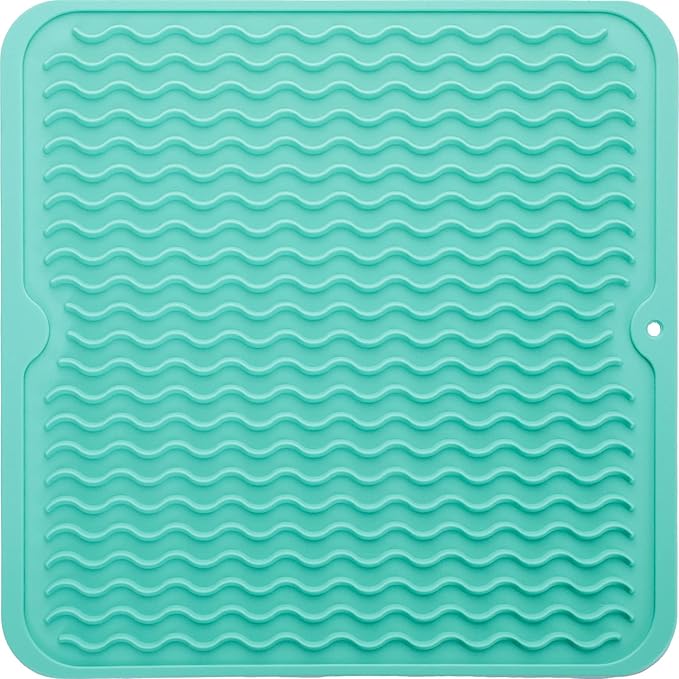 Silicone Dish Drying Mat for Multiple Usage,Easy clean,Eco-friendly,Heat-resistant Silicone Mat for Kitchen Counter or Sink,Refrigerator or Drawer liner Mint M 12 inches x 12 inches