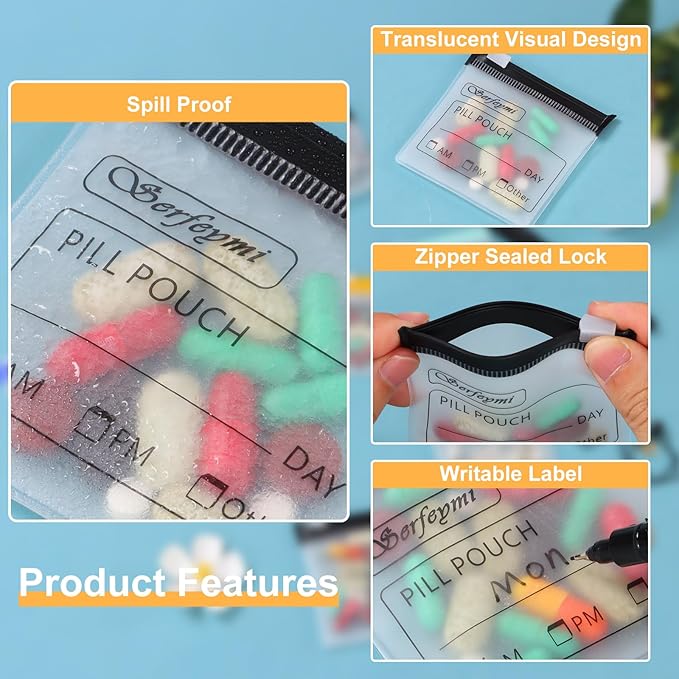 Serfeymi 48 Pcs Pill Pouch Bags for Travel Reusable Plastic Bags 3x3 Inch 12 mil (Double Sided) Translucent Zippered Pill Pouches for Medicine with Slide Lock & Writable Label, 1 Pc Marker-Black+White