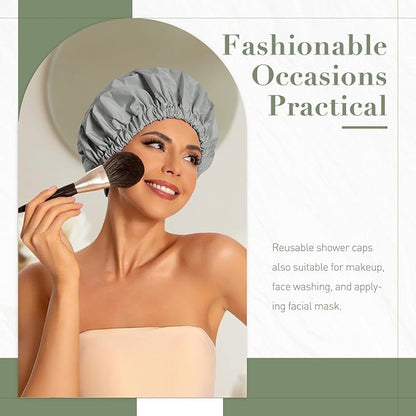 Reusable Shower Cap for Women, Large Waterproof Shower Essentials Bonnet Washable Elastic Band Bath Hair Wrap Hat for Long Hair, Braids(Dark Grey)