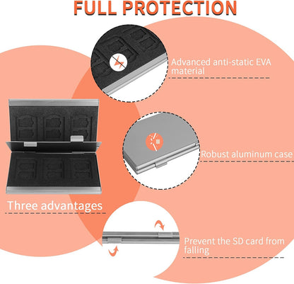 SD Card Holder, SD Card Case, LAVILI CF Memory Card Holder Case Aluminum Alloy Hard Shell, Double-Layer Capacity for 6SD Cards and 12 TF Cards Silver Color
