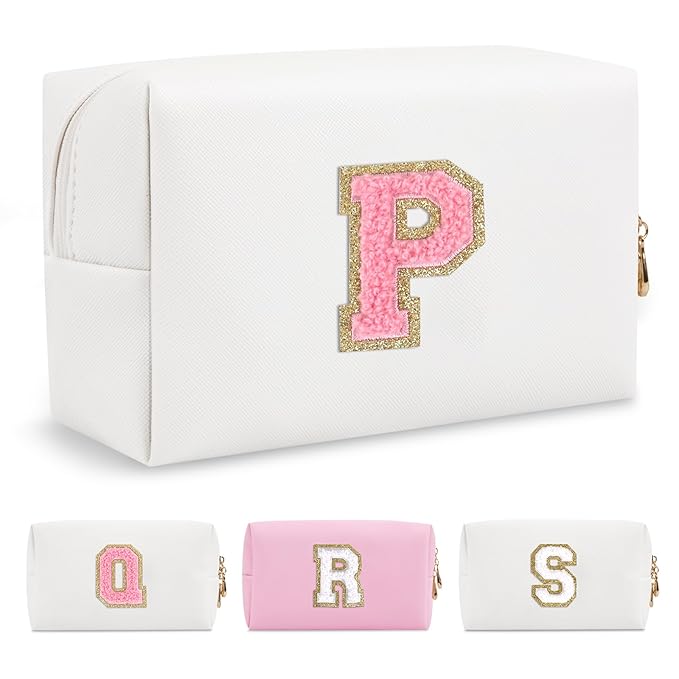 Personalized Makeup Bag Initial A-Z Preppy Patch Bag,Small PU Leather Travel Cosmetic Bag Pouch with Zipper,White Cute Toiletry Bag,Gift Ideal for Teen Girls Women Birthday Friend Mom,Letter P