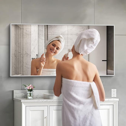 48x24In Silver Bathroom Mirror for Wall, Brushed Nickel Rectangle Mirrors