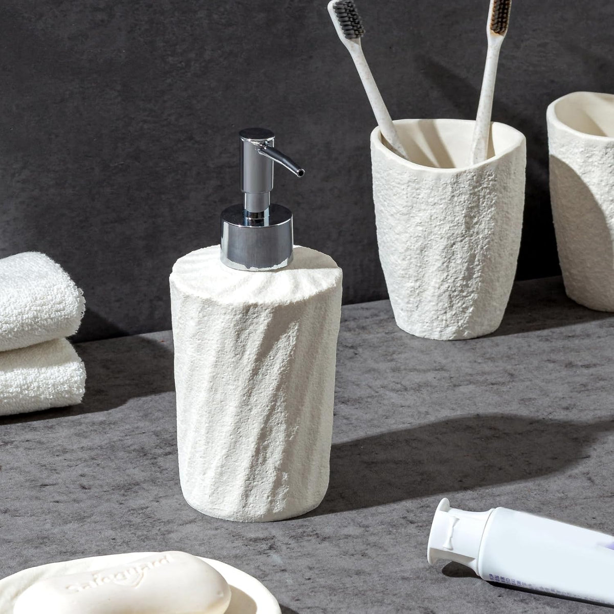 Bathroom Accessories Set, 4 PCS Modern Stone Look Bathroom Accessory Set with Hand Soap Dispenser 11.5 OZ, Tumblers, Toothbrush Holder, Bar Soap Dish Holder Saver (White)