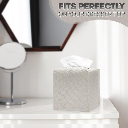 Tissue Box Cover Holder, PU Leather Tissue Box Cover with Braided Pattern, Square Tissue Holder with Bottom Belt, Modern Organizer for Bathroom, Car, Office, Tabletop(Pearl White,12 Braided Patterns)