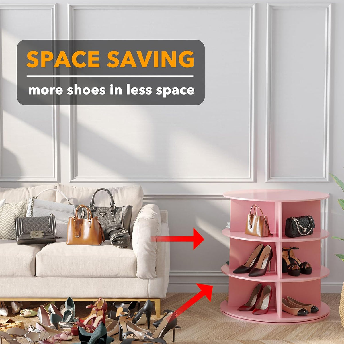 SpaceAid 3 Tier Rotating Shoe Rack Tower, Spinning Shoe Display Lazy Susan, Revolving 360 Shoe Rack Storage Round Carousel, Vertical Handbag Rotate Shoes Closet Organization (3-Tier Pink)