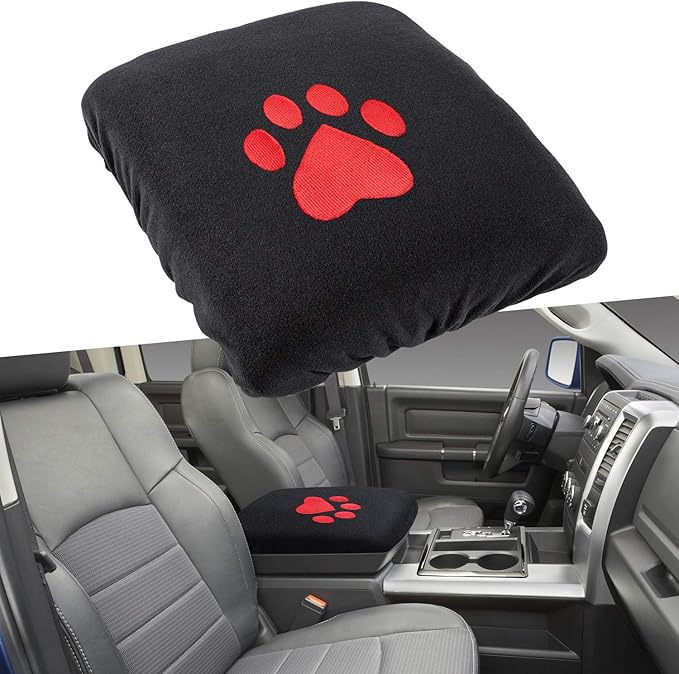 Center Console Armrest Pad Cover for Dodge Ram 1500 2500 3500 4500 5500 Pickup Truck 1993-2023 Black Soft Car Armrest Seat Box Protector Cushion Interior Accessories All Weather (Red Dog Paw)