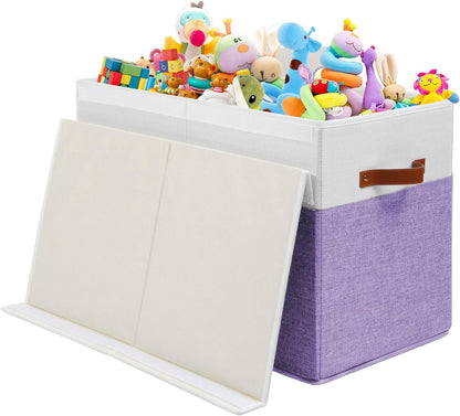 Large Toy Box with Lid, Sturdy Toy Storage Chest Bin Boxes Organizer Basket with Dividers for Toddlers, Kids, Boys, Girls, Nursery, Living Room, Bedroom, Playroom 25"x13" x16" (Purple and White)